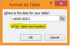 Excel table headers