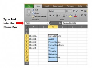 Excel task name box