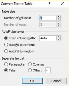 Convert text to table dialogue box