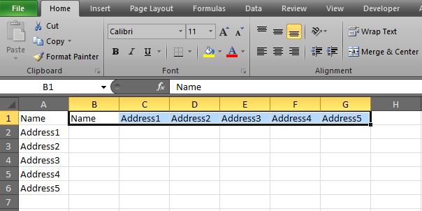 data transposed to columns